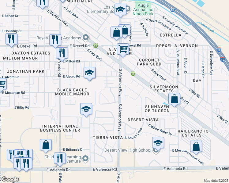 map of restaurants, bars, coffee shops, grocery stores, and more near 6027 South Mogollon Drive in Tucson