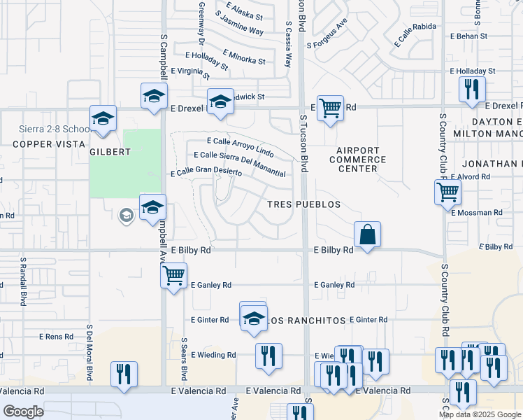 map of restaurants, bars, coffee shops, grocery stores, and more near 5972 South Placita Chetumal in Tucson