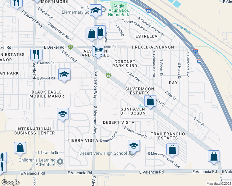 map of restaurants, bars, coffee shops, grocery stores, and more near 5994 South Tappen Drive in Tucson