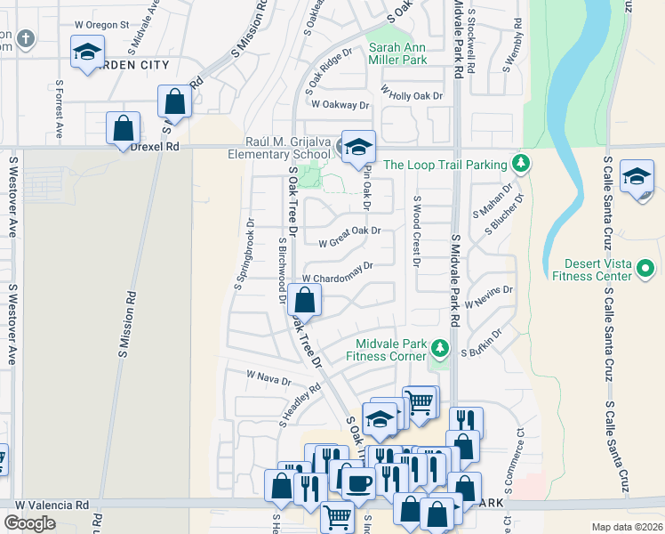 map of restaurants, bars, coffee shops, grocery stores, and more near 5945 South Pin Oak Drive in Tucson