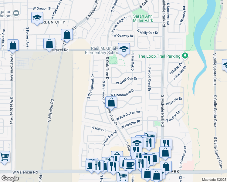 map of restaurants, bars, coffee shops, grocery stores, and more near 5969 South Pin Oak Drive in Tucson