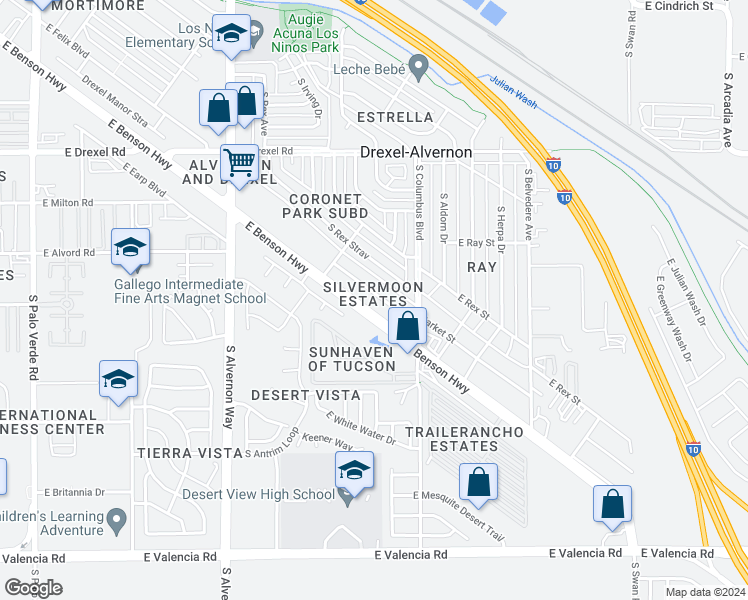 map of restaurants, bars, coffee shops, grocery stores, and more near 4192 East Market Street in Tucson