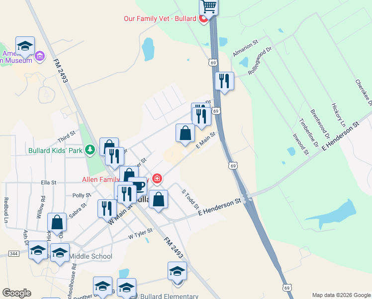 map of restaurants, bars, coffee shops, grocery stores, and more near 521 East Main Street in Bullard
