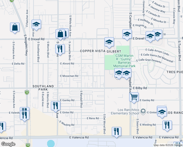 map of restaurants, bars, coffee shops, grocery stores, and more near 5988 South Stewart Boulevard in Tucson