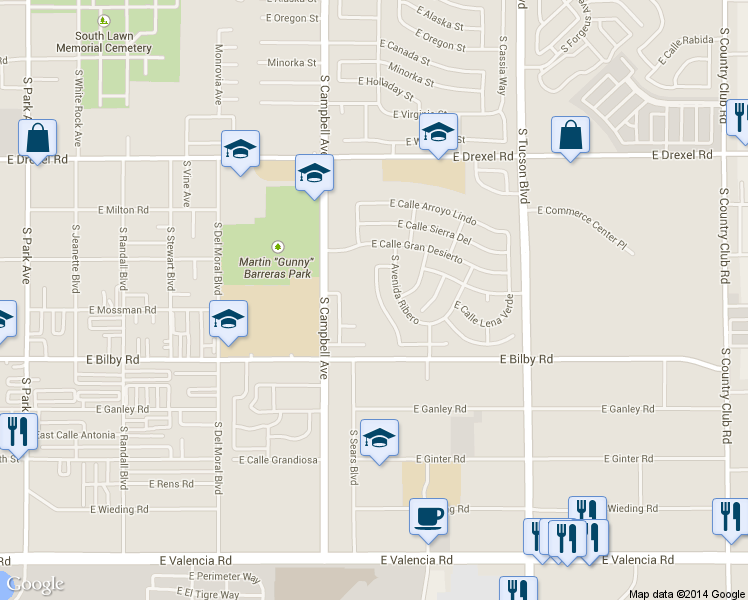 map of restaurants, bars, coffee shops, grocery stores, and more near 5994 South Avenida Las Monjas in Tucson
