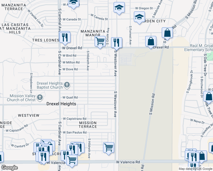 map of restaurants, bars, coffee shops, grocery stores, and more near 2521 West Roadrunner Road in Tucson