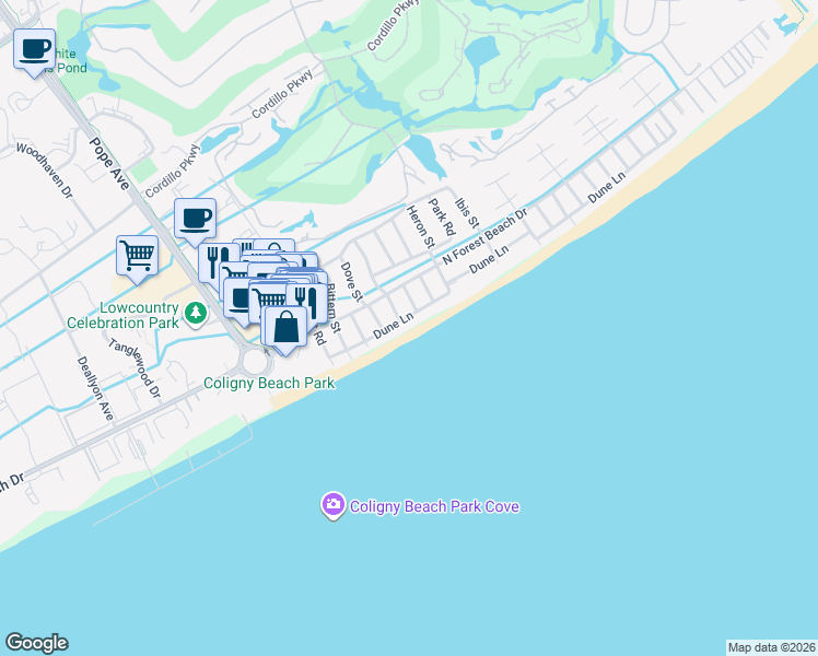 map of restaurants, bars, coffee shops, grocery stores, and more near 29A Dune Lane in Hilton Head Island