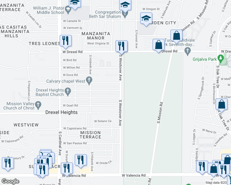map of restaurants, bars, coffee shops, grocery stores, and more near 2521 West Roadrunner Road in Tucson
