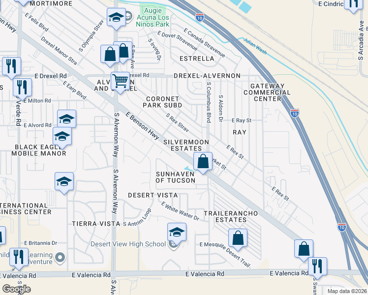 map of restaurants, bars, coffee shops, grocery stores, and more near 4184 East Market Street in Tucson