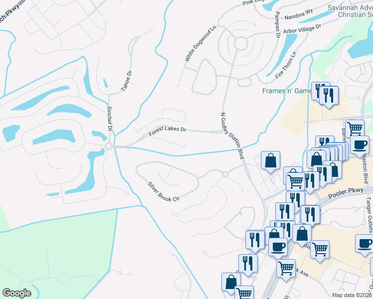 map of restaurants, bars, coffee shops, grocery stores, and more near 156 Royal Lane in Pooler