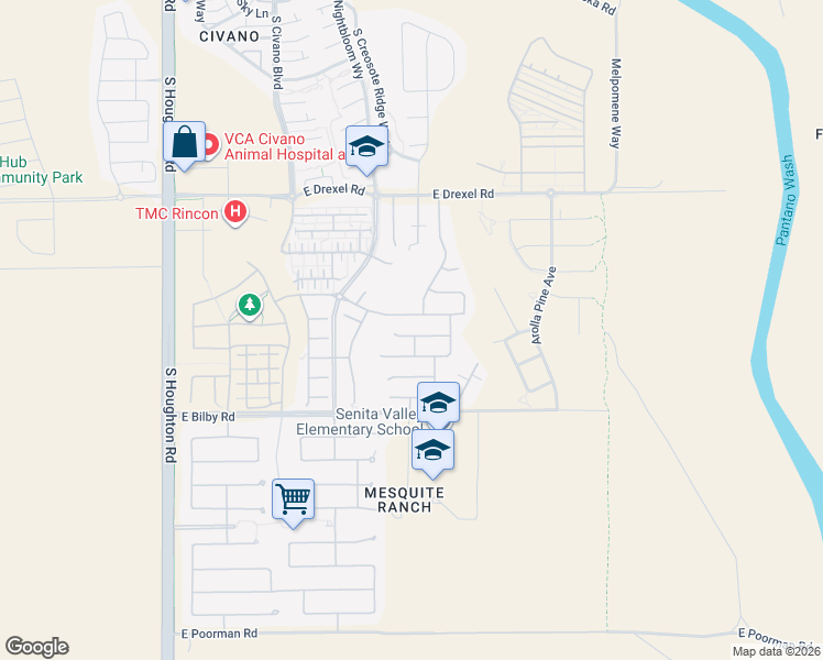 map of restaurants, bars, coffee shops, grocery stores, and more near 10755 East Orchid Cactus Lane in Tucson