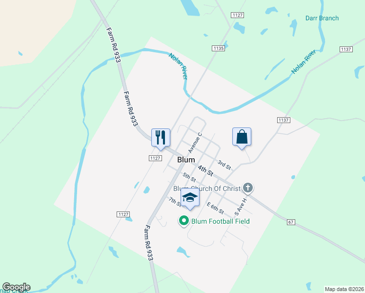 map of restaurants, bars, coffee shops, grocery stores, and more near 114 4th Street in Blum