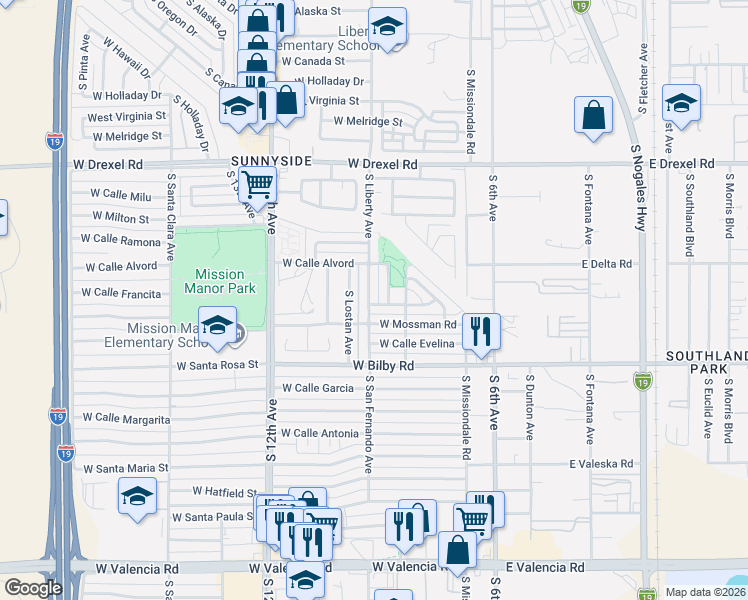map of restaurants, bars, coffee shops, grocery stores, and more near 5939 South Liberty Avenue in Tucson
