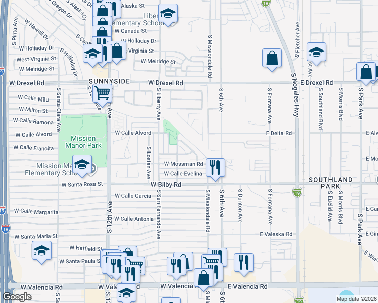 map of restaurants, bars, coffee shops, grocery stores, and more near 214 West Calle Francita in Tucson