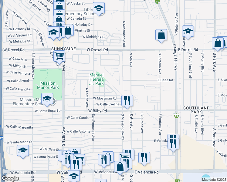 map of restaurants, bars, coffee shops, grocery stores, and more near 151 West Finedale Street in Tucson