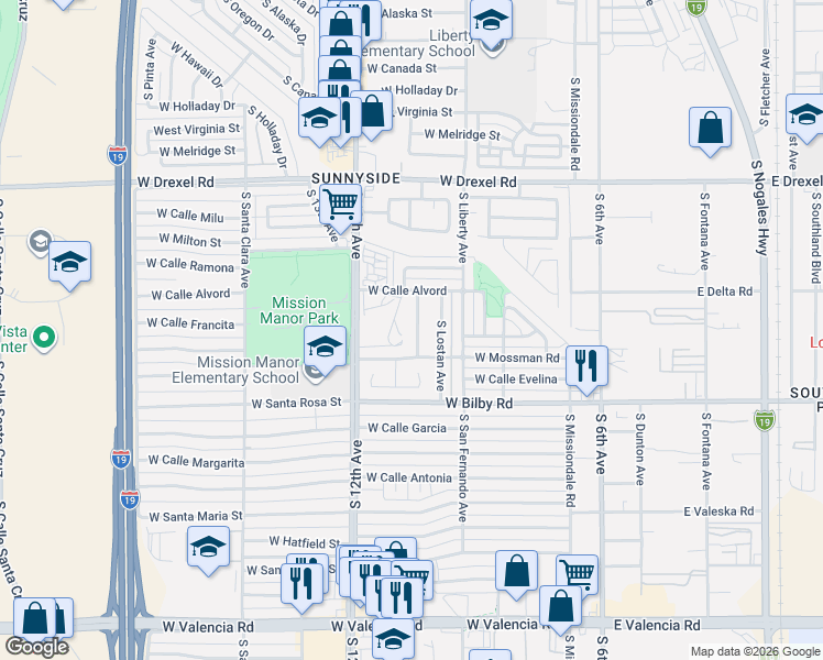 map of restaurants, bars, coffee shops, grocery stores, and more near 5968 Avenida Bodega in Tucson