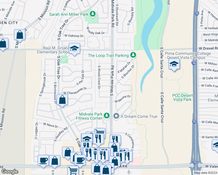 map of restaurants, bars, coffee shops, grocery stores, and more near 1587 West Houchin Way in Tucson