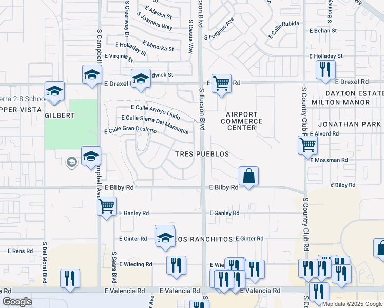 map of restaurants, bars, coffee shops, grocery stores, and more near 2430 East Calle Lena Verde in Tucson