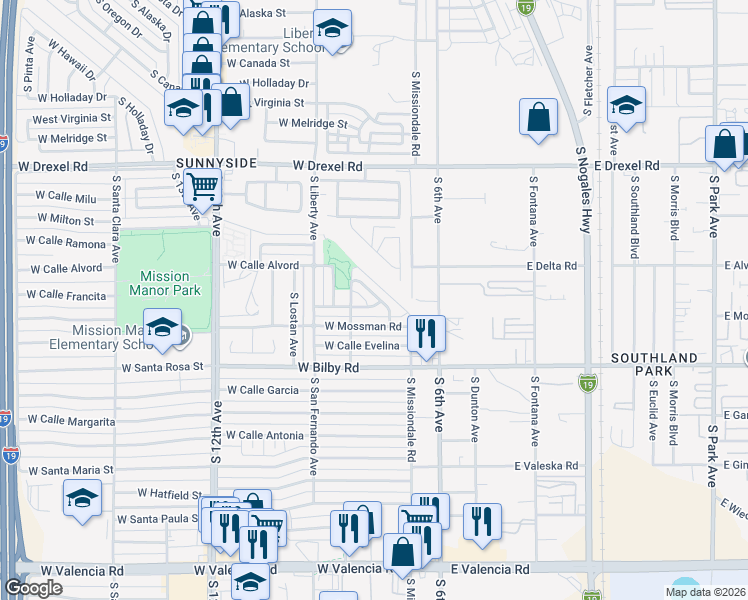 map of restaurants, bars, coffee shops, grocery stores, and more near 214 West Calle Francita in Tucson