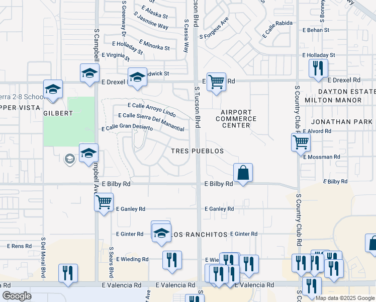 map of restaurants, bars, coffee shops, grocery stores, and more near 2430 East Calle Lena Verde in Tucson