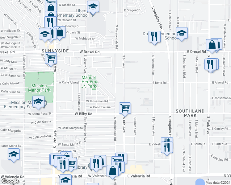 map of restaurants, bars, coffee shops, grocery stores, and more near South Missiondale Road in Tucson