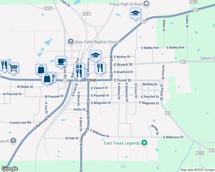 map of restaurants, bars, coffee shops, grocery stores, and more near 303 East Calvert Street in Troup