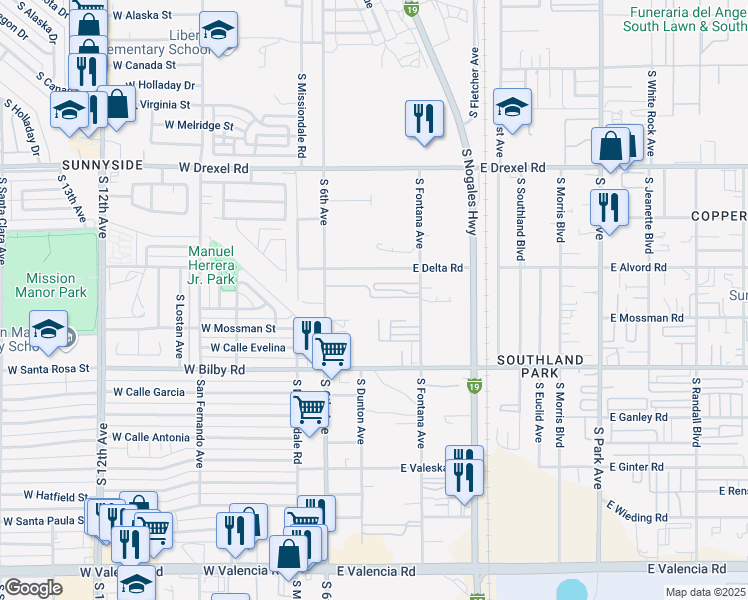 map of restaurants, bars, coffee shops, grocery stores, and more near 5933 South 6th Avenue in Tucson