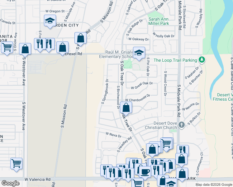 map of restaurants, bars, coffee shops, grocery stores, and more near 5980 South Birchwood Drive in Tucson
