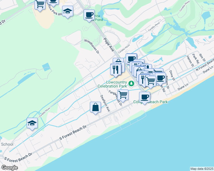 map of restaurants, bars, coffee shops, grocery stores, and more near 2 Tanglewood Drive in Hilton Head Island