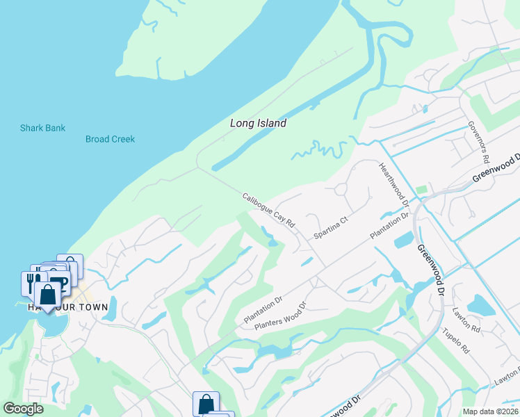 map of restaurants, bars, coffee shops, grocery stores, and more near Briarwood Villas in Hilton Head Island