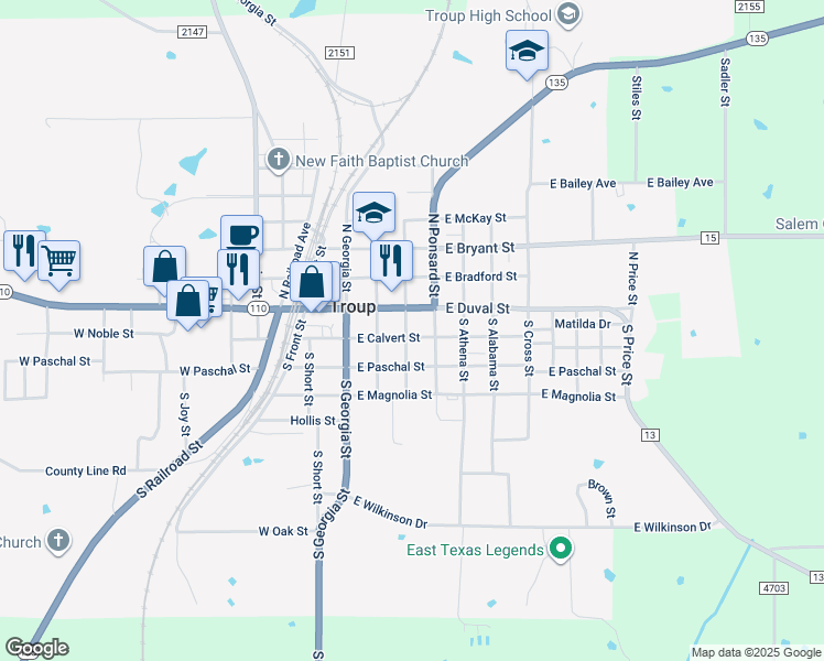 map of restaurants, bars, coffee shops, grocery stores, and more near 303 East Calvert Street in Troup