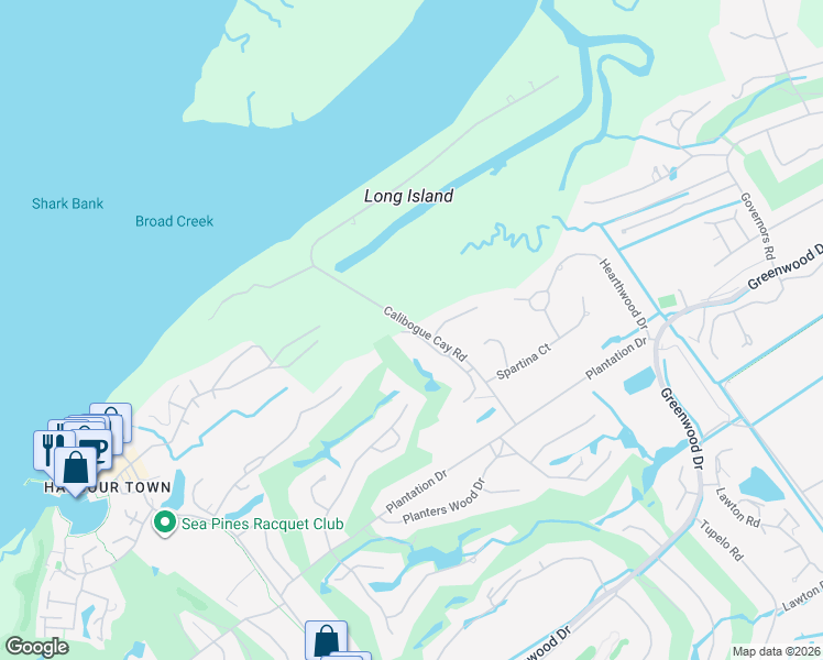 map of restaurants, bars, coffee shops, grocery stores, and more near Briarwood Villas in Hilton Head Island
