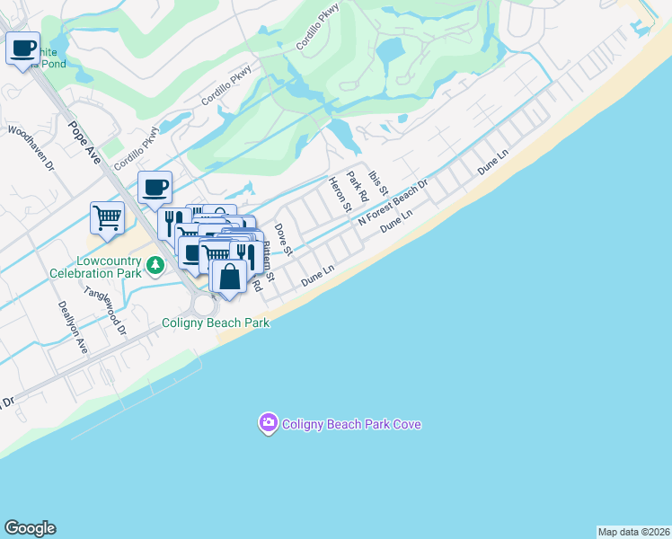 map of restaurants, bars, coffee shops, grocery stores, and more near 29A Dune Lane in Hilton Head Island