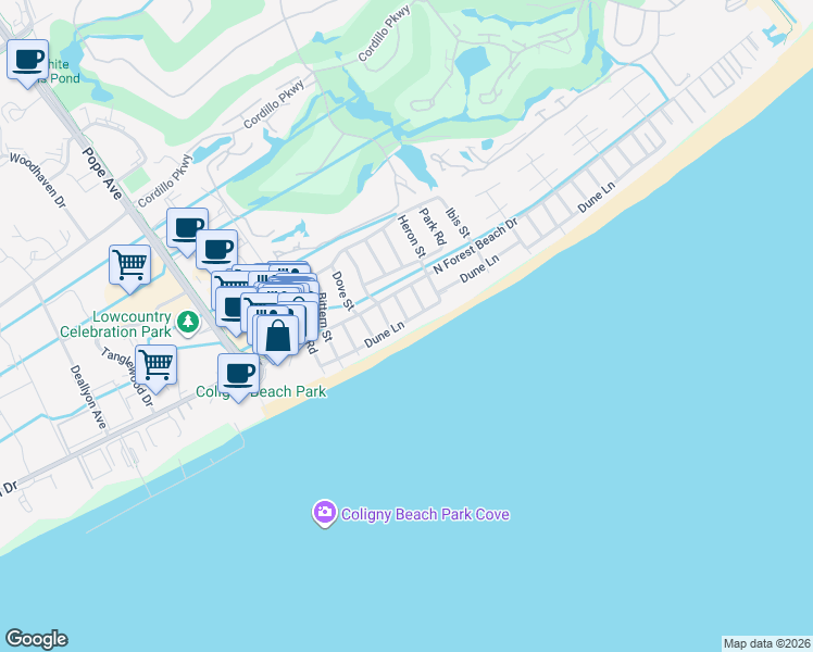 map of restaurants, bars, coffee shops, grocery stores, and more near 29A Dune Lane in Hilton Head Island