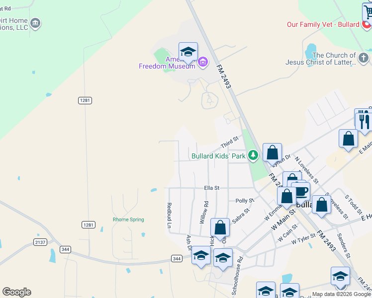 map of restaurants, bars, coffee shops, grocery stores, and more near 308 Bois D Arc Drive in Bullard