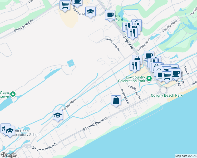 map of restaurants, bars, coffee shops, grocery stores, and more near 149-215 Cordillo Parkway in Hilton Head Island