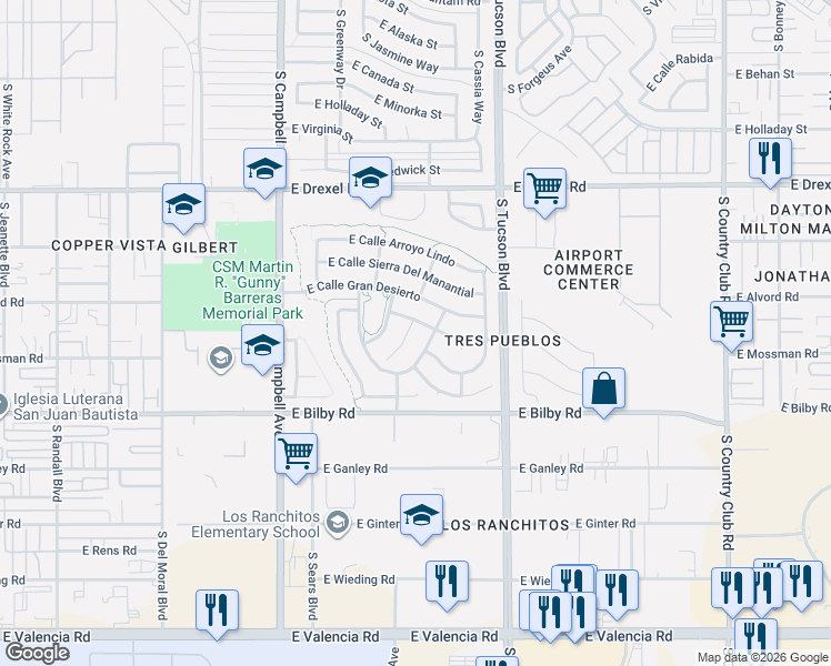 map of restaurants, bars, coffee shops, grocery stores, and more near 5965 South Placita Picacho El Diablo in Tucson