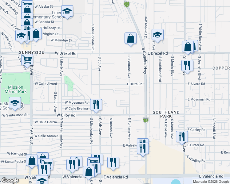 map of restaurants, bars, coffee shops, grocery stores, and more near South New Athens Way [P] (~0 segments) in Tucson