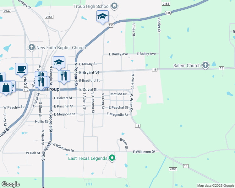 map of restaurants, bars, coffee shops, grocery stores, and more near 205 South Langham Street in Troup