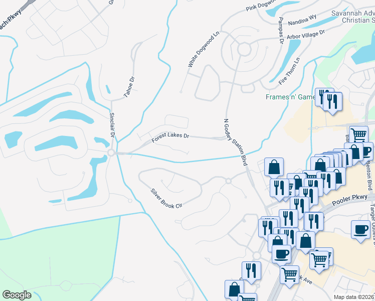 map of restaurants, bars, coffee shops, grocery stores, and more near 156 Royal Lane in Pooler