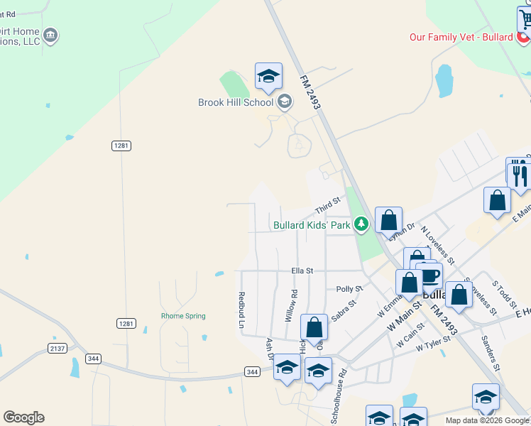 map of restaurants, bars, coffee shops, grocery stores, and more near 308 Bois D Arc Drive in Bullard