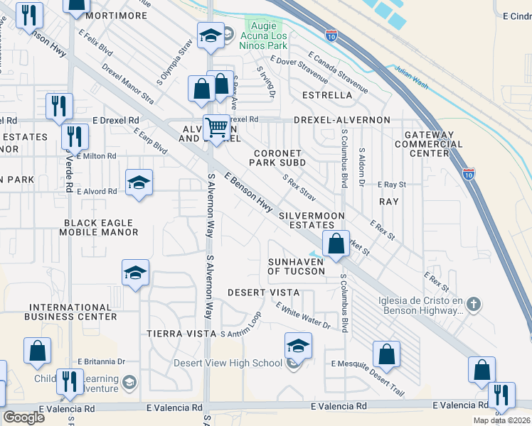 map of restaurants, bars, coffee shops, grocery stores, and more near 5975 South Tappen Drive in Tucson