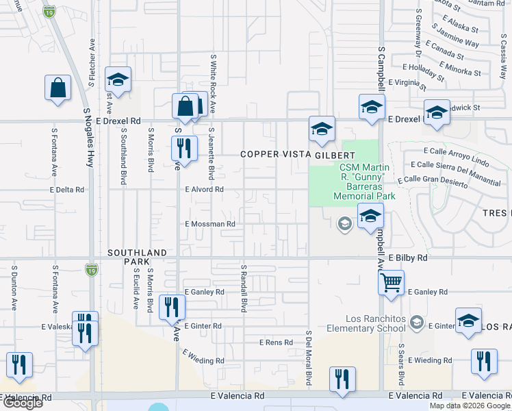 map of restaurants, bars, coffee shops, grocery stores, and more near 5965 South Randall Boulevard in Tucson