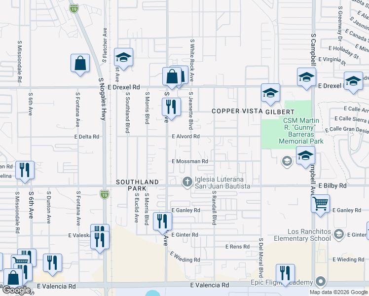 map of restaurants, bars, coffee shops, grocery stores, and more near 5930 South Jeanette Boulevard in Tucson