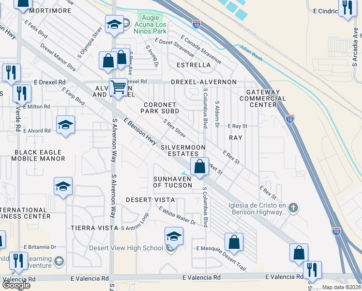 map of restaurants, bars, coffee shops, grocery stores, and more near 4168 East Market Street in Tucson