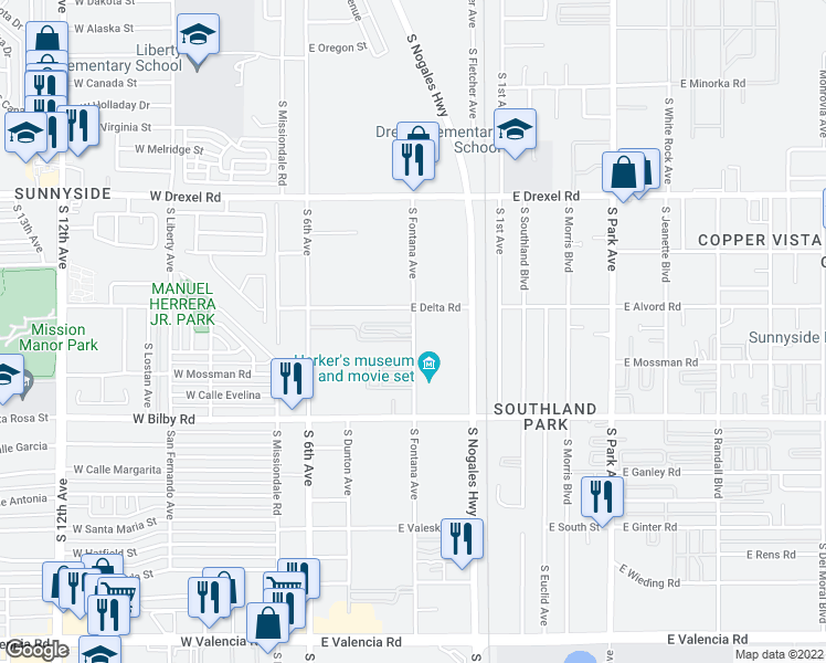 map of restaurants, bars, coffee shops, grocery stores, and more near 5942 S Fontana Ave in Tucson