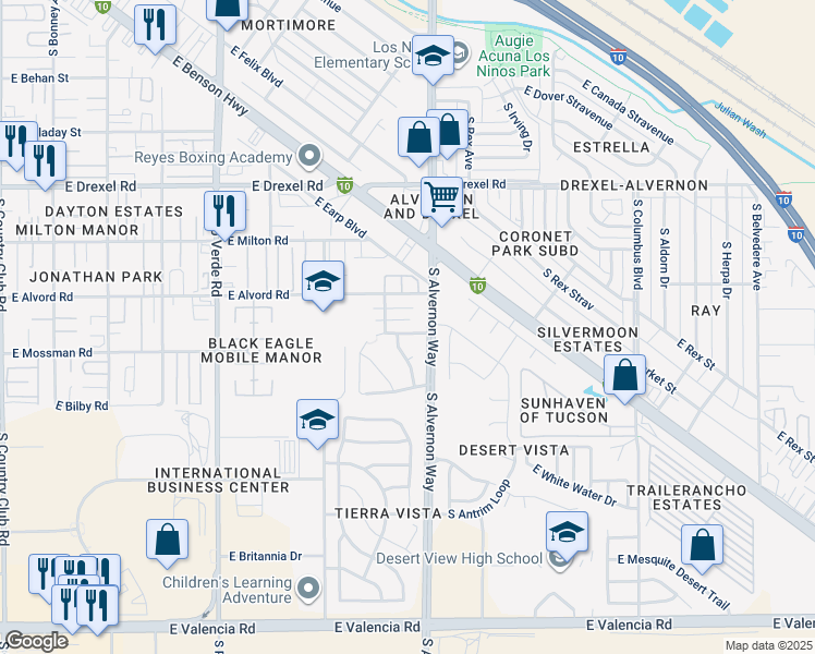 map of restaurants, bars, coffee shops, grocery stores, and more near 6027 South Mogollon Drive in Tucson