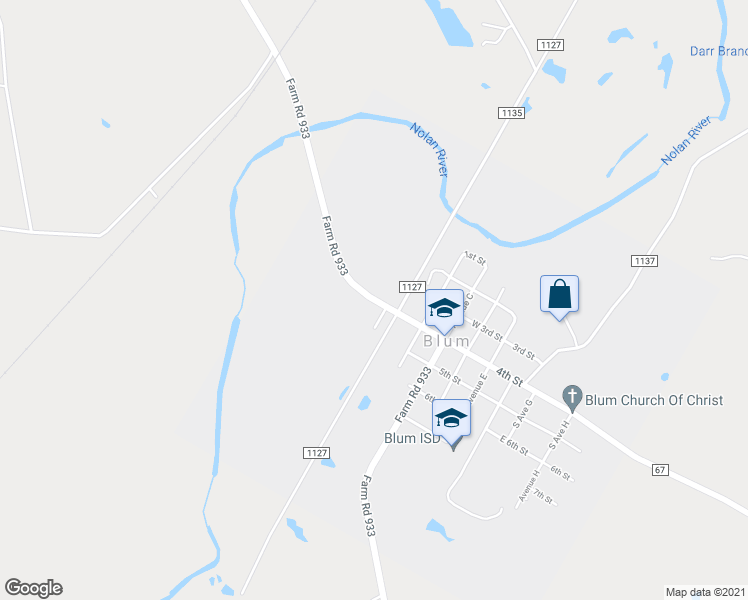 map of restaurants, bars, coffee shops, grocery stores, and more near Farm Road 933 in Blum