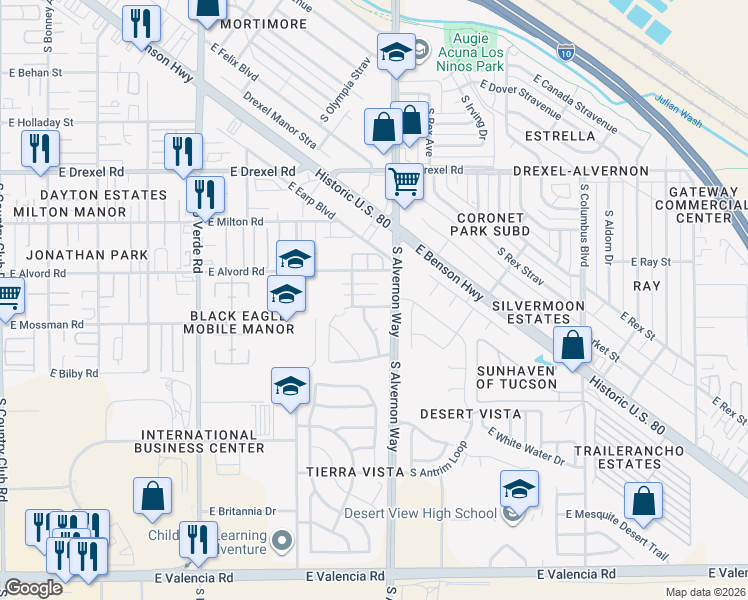 map of restaurants, bars, coffee shops, grocery stores, and more near 6027 South Mogollon Drive in Tucson