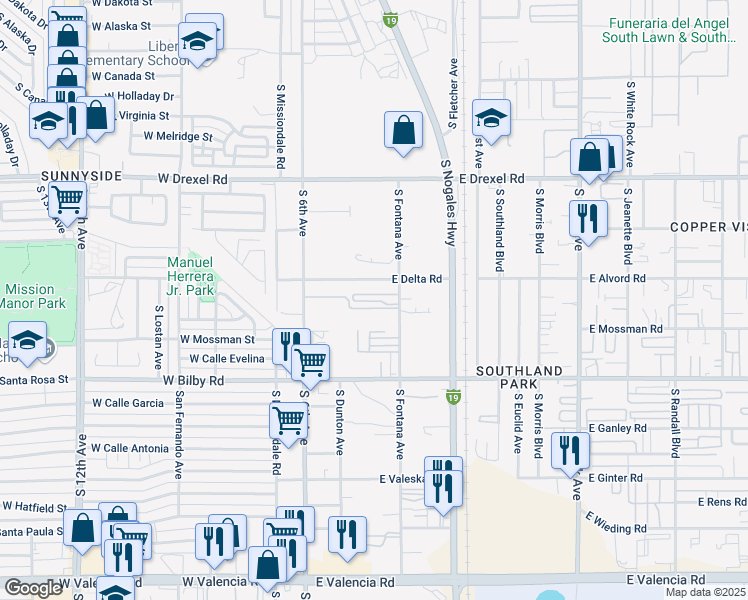 map of restaurants, bars, coffee shops, grocery stores, and more near 5933 South 6th Avenue in Tucson